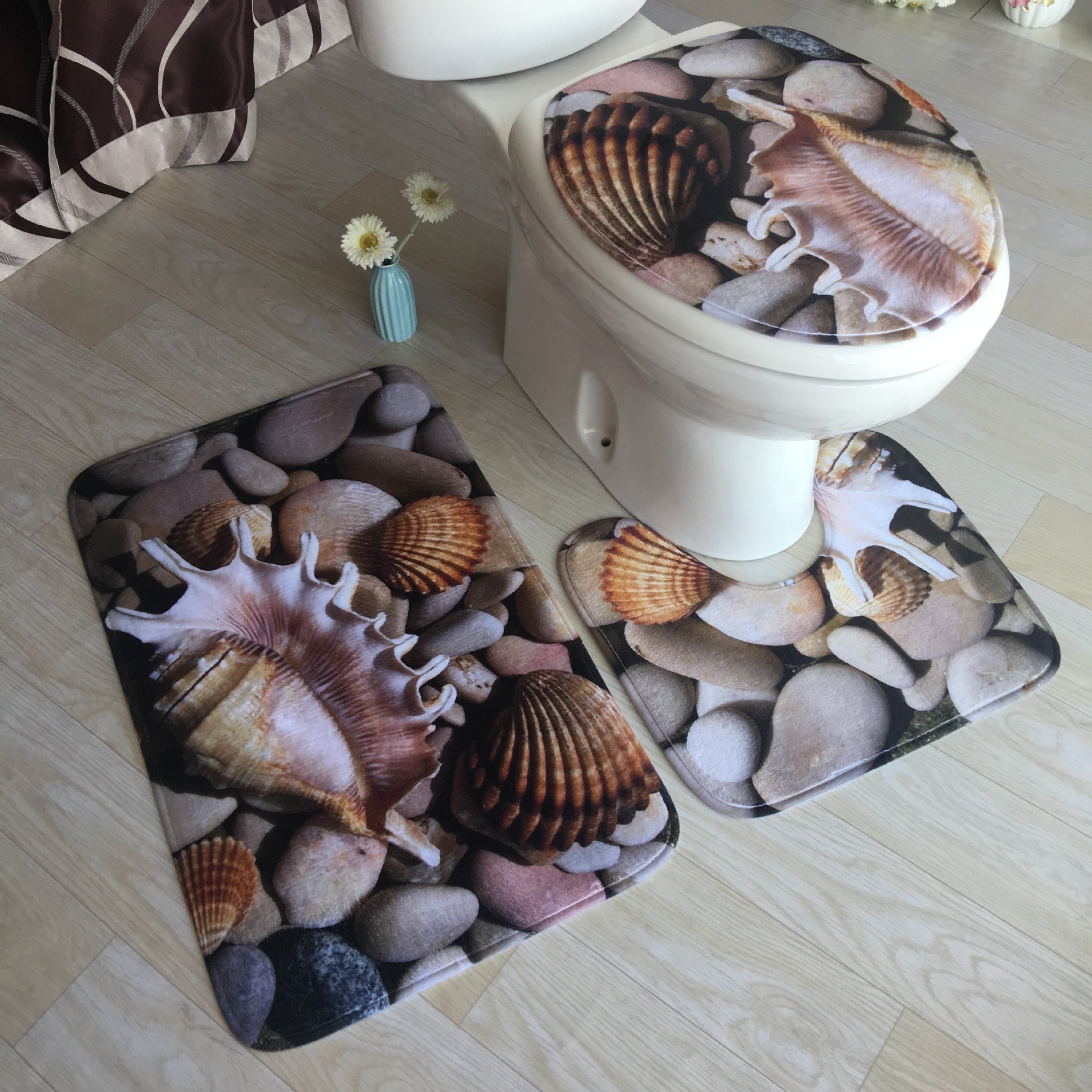 Flannel 3D heat transfer printing carpet bathroom toilet three piece