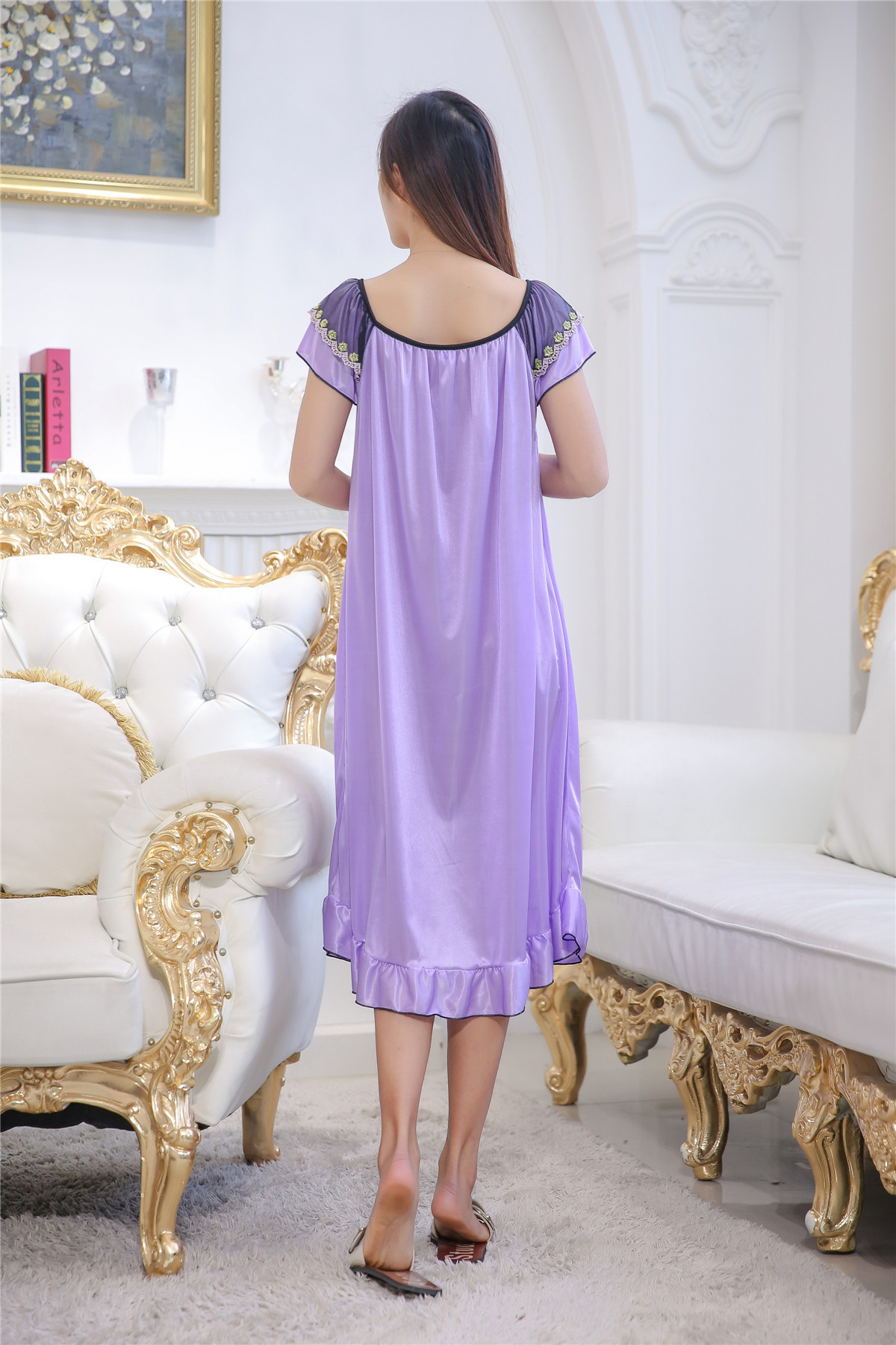 Simple Sexy  Solid Color Short Sleeves Ice Silk Polyester Long Pajamas display picture 38