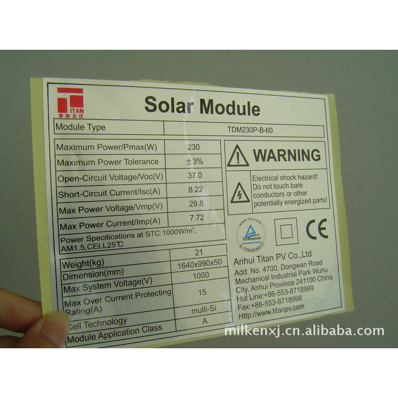 山西太原FASSON-PET太阳能光伏组件标签厂-户外抗UV标签