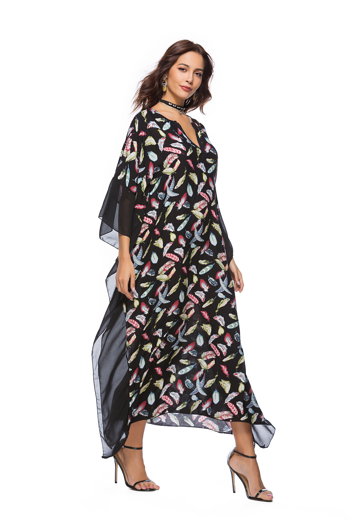 spring new V-neck bat sleeve printed dress NSDF25588