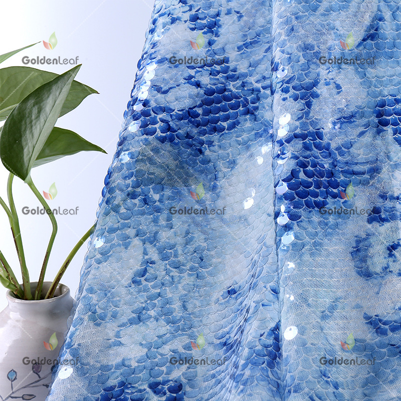 新款双面蓝色妖姬绣花面料 珠片绣舞台服时装礼服亮片布料