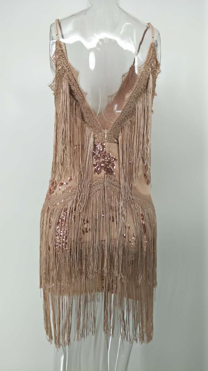 European And American Women's Fashion New Tassel Embroidery Sequin Sexy Backless Deep V Neck Dress_ecoleips.com