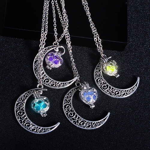 4-color glow-in-the-dark starry moon pendant, luminous stone glow-in-the-dark necklace, Christmas Halloween gift for men and women