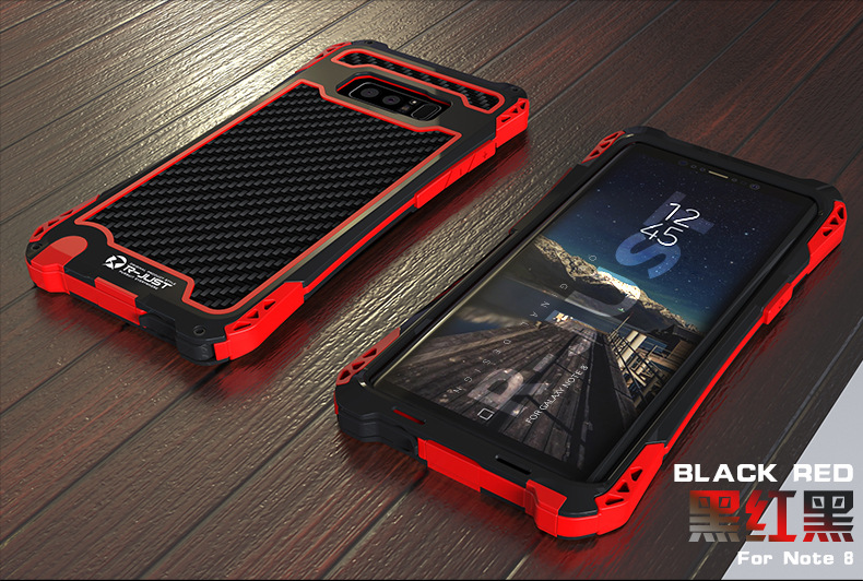 R-Just Amira Heavy Duty Dirtproof Shockproof Rainproof Aluminum Metal Bumper Carbon Fiber Back Cover Case for Samsung Galaxy Note 8