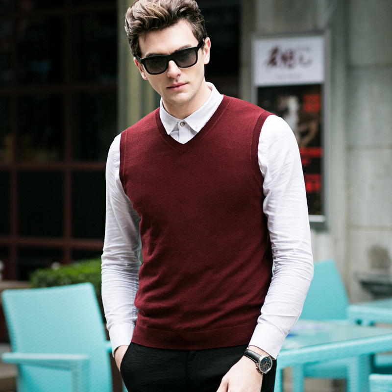 100% Pure wool Thin section vest men's wear business affairs Solid wool waistcoat Autumn and winter middle age Primer Sweater