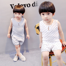 夏季新款韩版男女童棉麻中小童外贸原单休闲背心两件套装童装