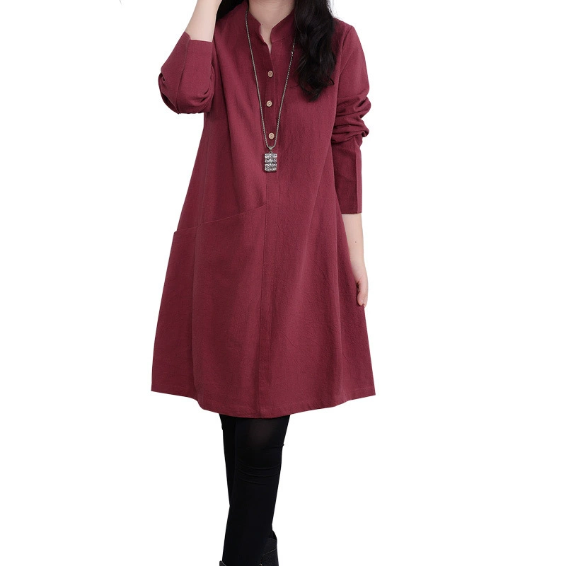 Осень 2017 Новая Художественная женская одежда свободная плюс размер хлопок белье платье с длинным рукавом средней длины
