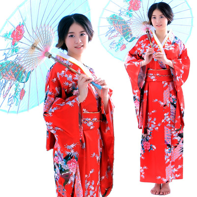 日式仿真丝印花长款和服影楼写真演出服cos女装浴衣室内服装批发|ms