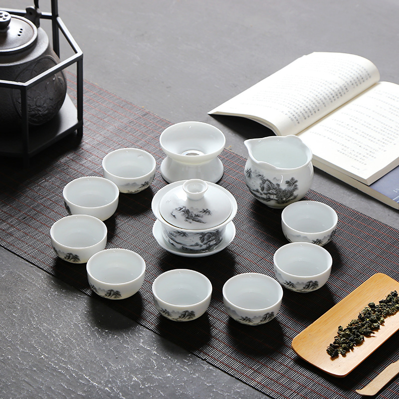 批发高档白瓷整套茶具套装特价青花瓷陶瓷盖碗功夫茶具实惠礼品盒