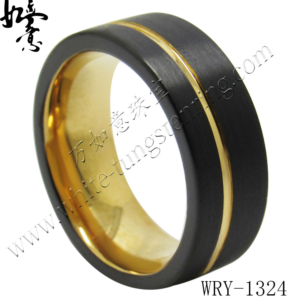 万如意钨金戒指 八宽平面拉沙电黑开1/3槽槽和内圈电金欧美现货
