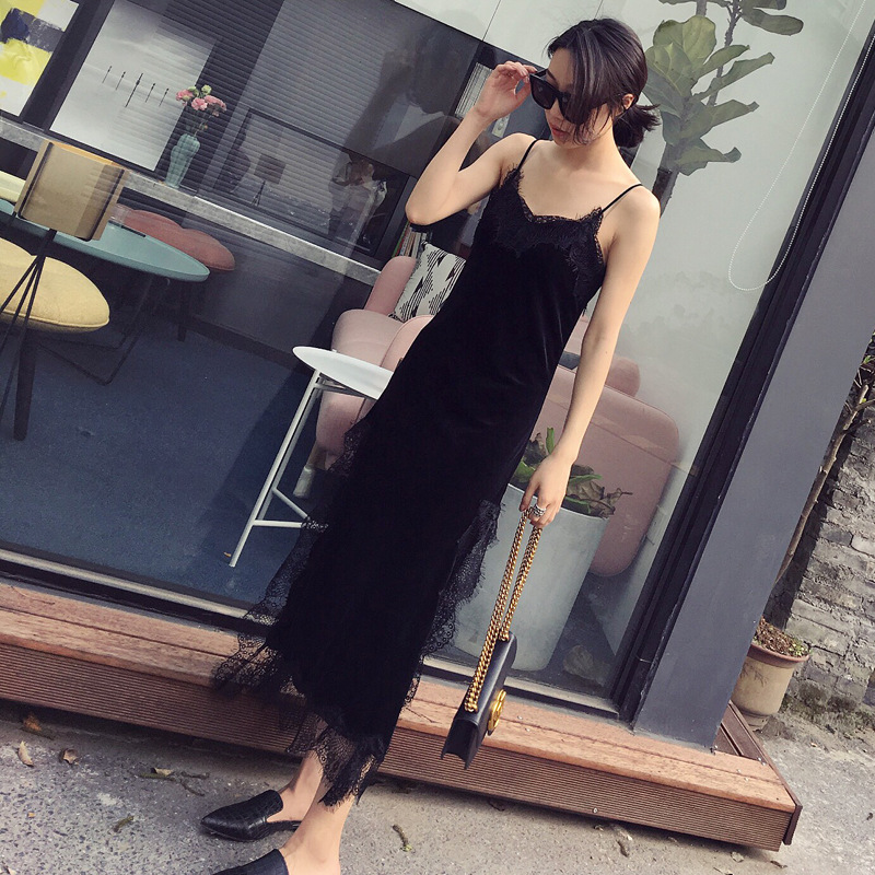 2018春夏新款 丝绒吊带裙时髦两侧开叉蕾丝连衣裙显瘦
