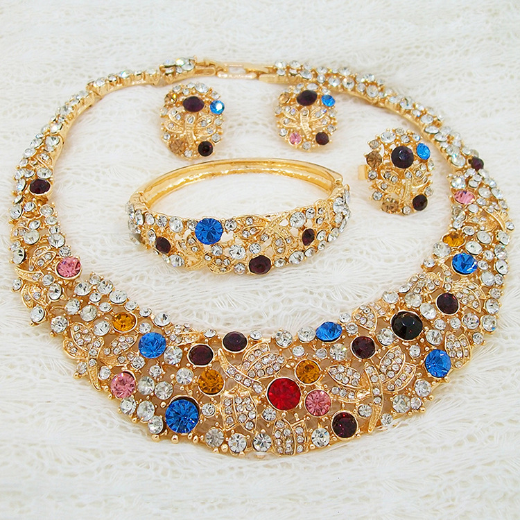 中东非洲饰品七彩色水钻项链创意设计婚礼新娘首饰四件套装珠宝