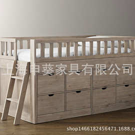 美式乡村纯实木儿童床多功能储物床带扶梯护栏床创意男孩床家用