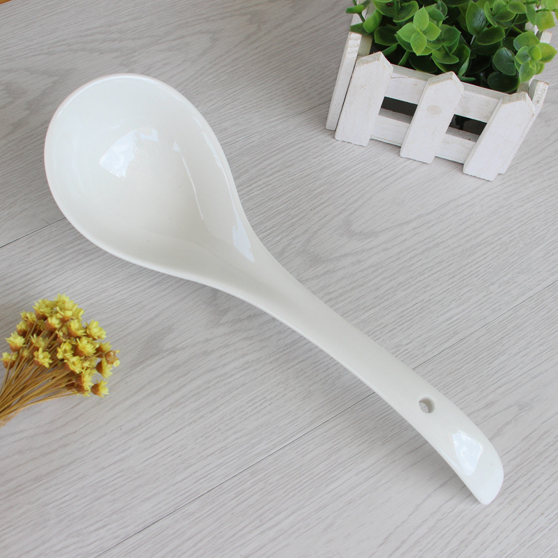 【厂家直销】纯白长柄陶瓷大汤勺 骨瓷勺子 镁质瓷粥勺