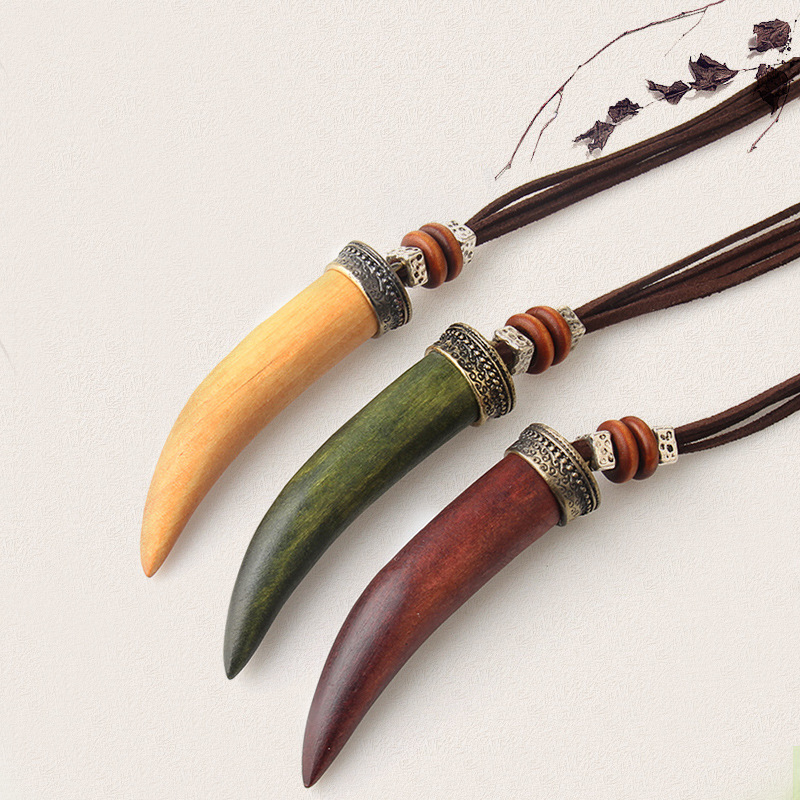 民族首飾木質狼牙吊墜長款棉麻毛衣鏈時尚女生項鏈禮物