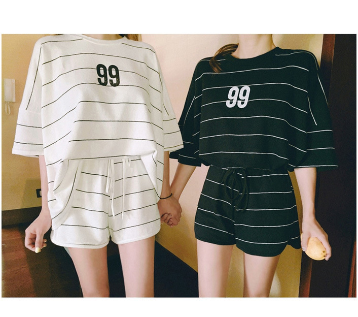 帮手描述图：新款韩版休闲宽松显瘦夏季韩版女款纯黑色两件睡衣套