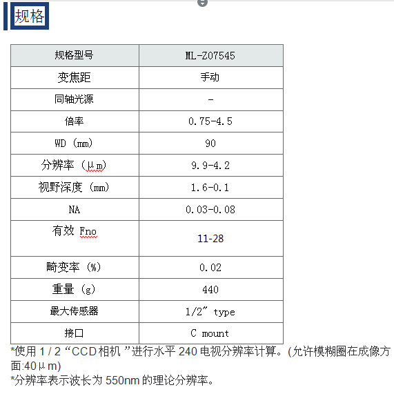 MORITEX茉丽特 ML-Z07545系列 ML-Z07545 远心工业镜头