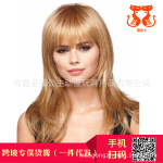 外贸货源 欧美时尚假发女士斜刘海金色蓬松长卷发 齐刘海已修剪