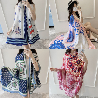 跨境专供新款加密巴厘纱围巾民族风印花披肩海边旅游度假防晒丝巾|ms