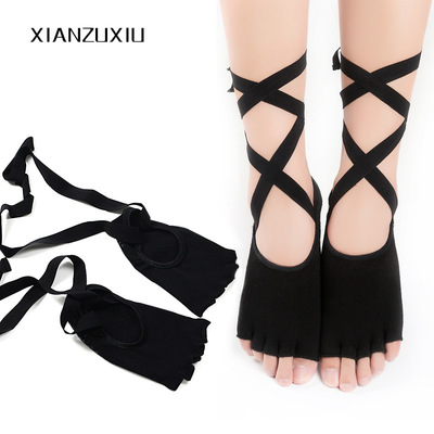 长系带纯棉专业五指瑜伽袜女防滑透气硅胶袜子船短露指露背分趾袜