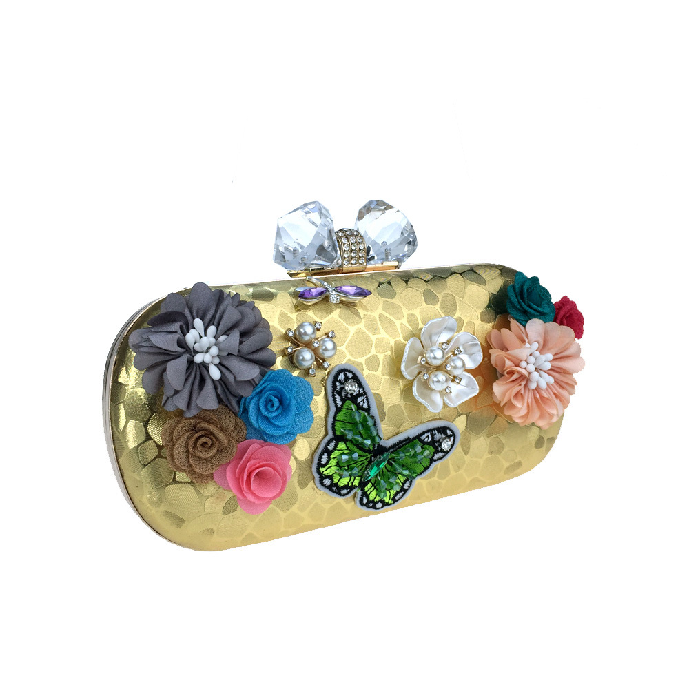 Túi clutch nữ dạ tiệc hoa satin thêu hạt bướm ngọc trai, tay cầm kim loại và dây đeo ngọc trai — Màu đỏ, Màu vàng, Màu bạc chi tiết 10