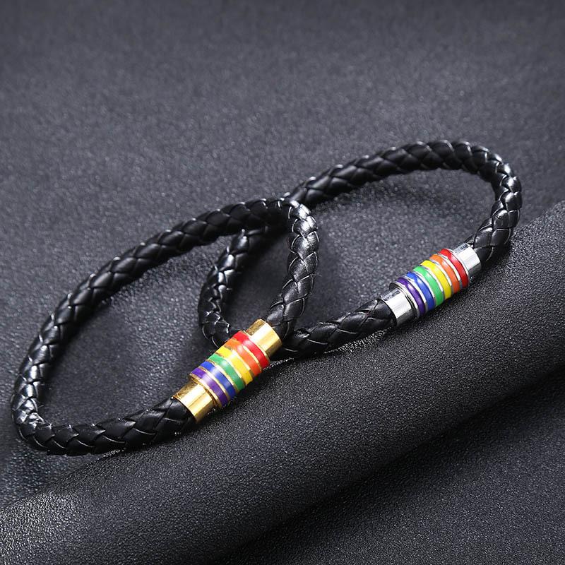 simple braided leather rainbow color titanium steel magnet buckle bracelet