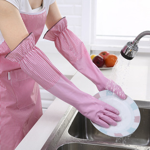 Shushi's Fashionable Overlay Fleece-Lined Warm Housework Gloves Kitchen Cleaning Durable Dishwashing Laundry Rubber Gloves