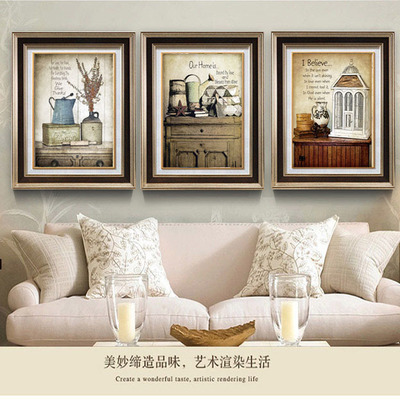 美式客厅装饰画欧美复古沙发背景墙三联实木挂画乡村怀旧书房壁画|ms