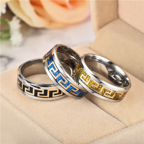 New cross-border European and American micro-glazed Great Wall pattern men's and women's personalized titanium steel rings factory direct sales and wholesale