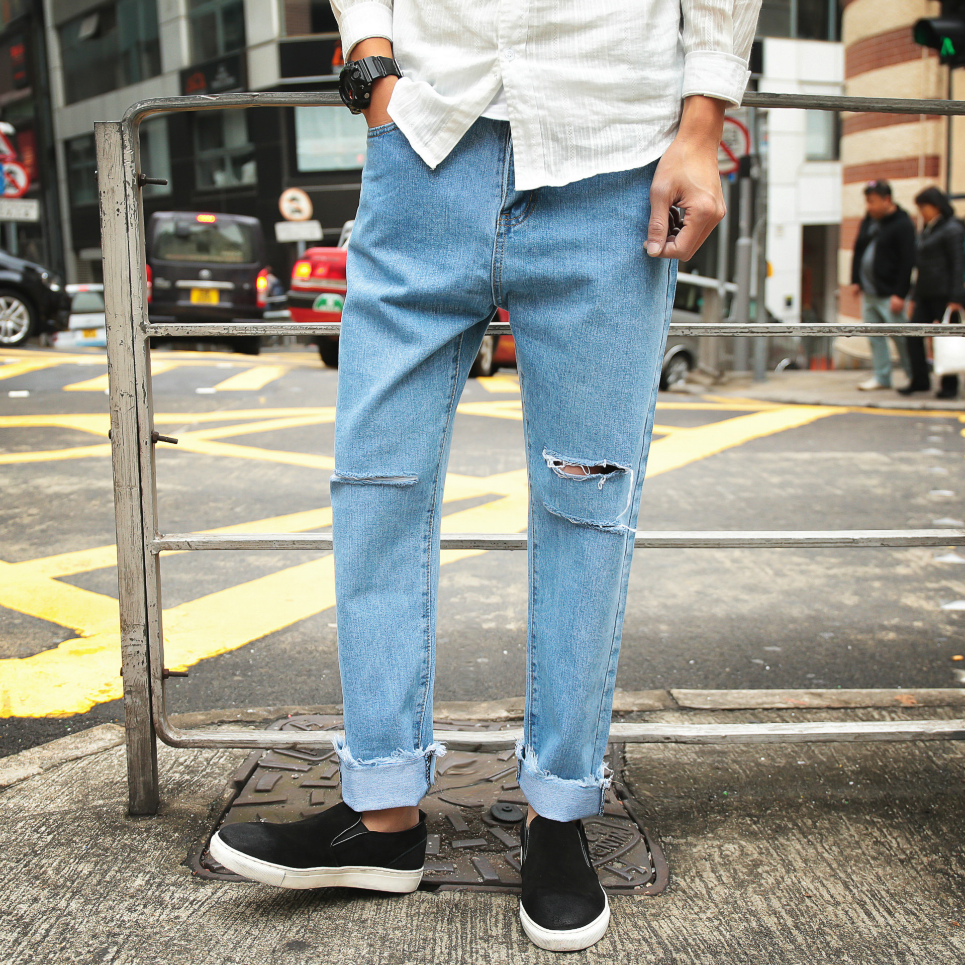 Men's Japanese simplycity style casual straight ripped jeans | 11street ...