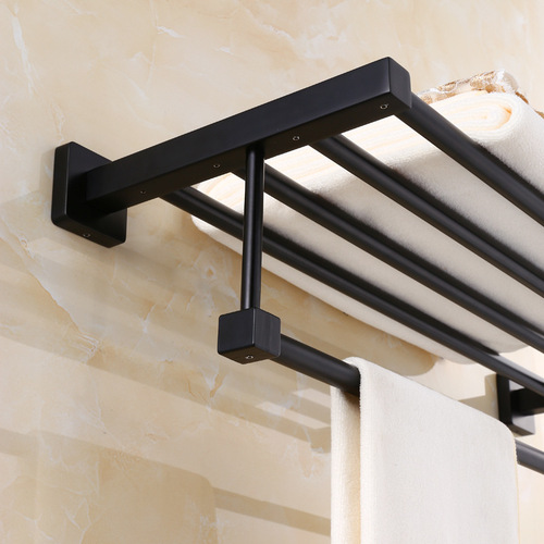 European black bath towel rack bathroom hotel stainless steel double layer towel rack towel bar hardware pendant