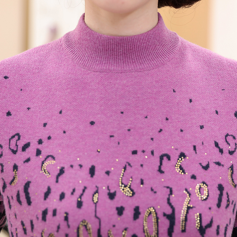 Autumn Casual Fashion Women's Leopard Print Pullover Knitwear Middle-Aged and Elderly Women's Base Layer Wholesale Half Turtleneck