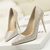 Korean fashion， sweet and elegant， thin heel， high heel， shallow mouth， thin pointed， color diamond， water drill single 