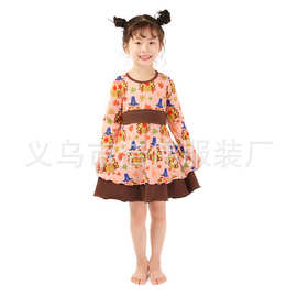 欧美外贸感恩节款童裙批发 舒适牛奶丝火鸡图案女童连衣裙 厂家直