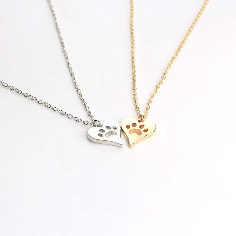 New cute animal cat paw foot necklace openwork peach heart necklace heart shaped dog paw print neckl
