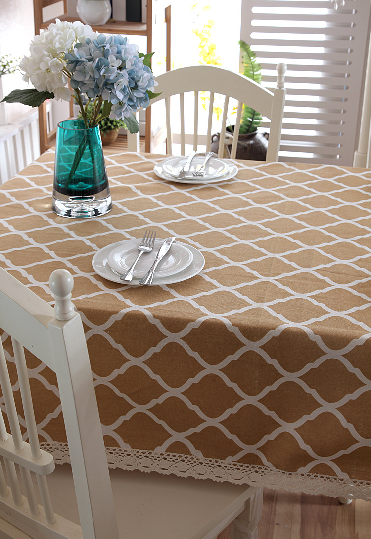 Polyester-cotton Modern Simple Geometric Diamond Pattern With Lace Edges, Yellow Coffee Table Dining Tablecloth,_voghion.com