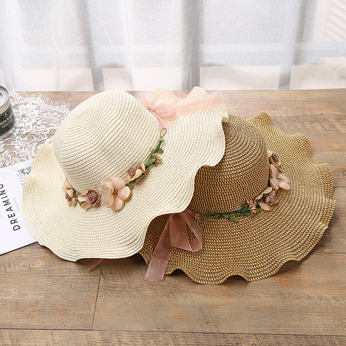  new Korean style women's hat big wave flower sun hat beach outdoor sun hat sun protection straw hat