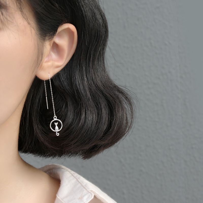 S925 pendientes de plata esterlina elegante Luna larga Luna gato pendientes de la joyería de plata de ley