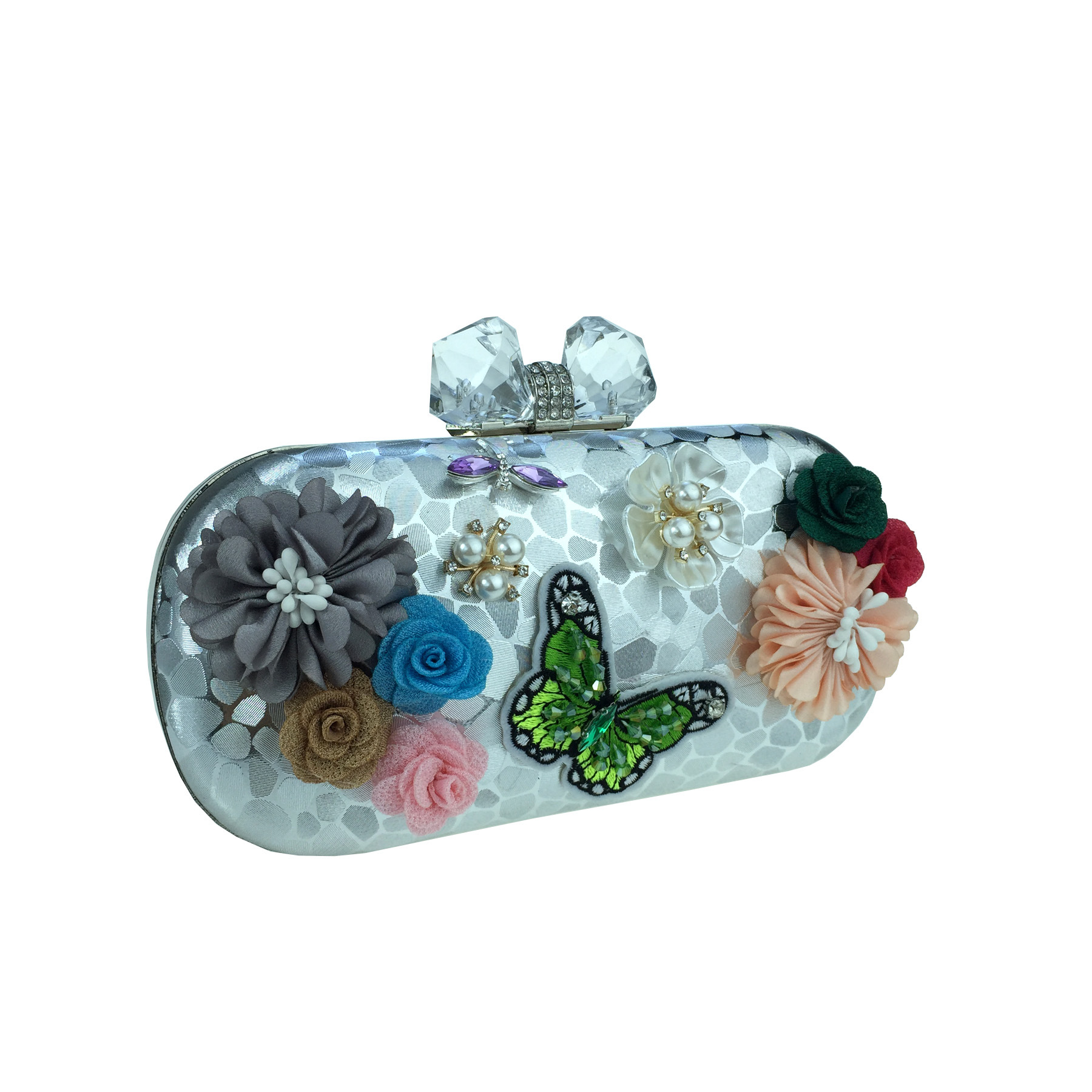 Túi clutch nữ dạ tiệc hoa satin thêu hạt bướm ngọc trai, tay cầm kim loại và dây đeo ngọc trai — Màu đỏ, Màu vàng, Màu bạc chi tiết 16