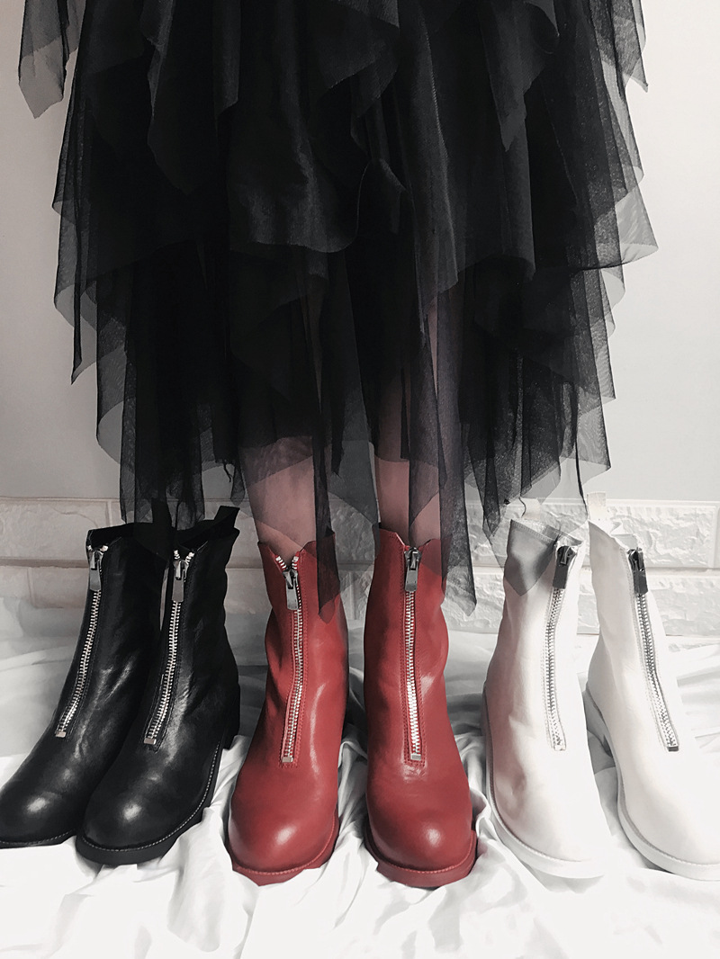 真皮前拉链短靴复古褶皱后倒靴 马丁靴女英伦粗跟羊皮靴女靴