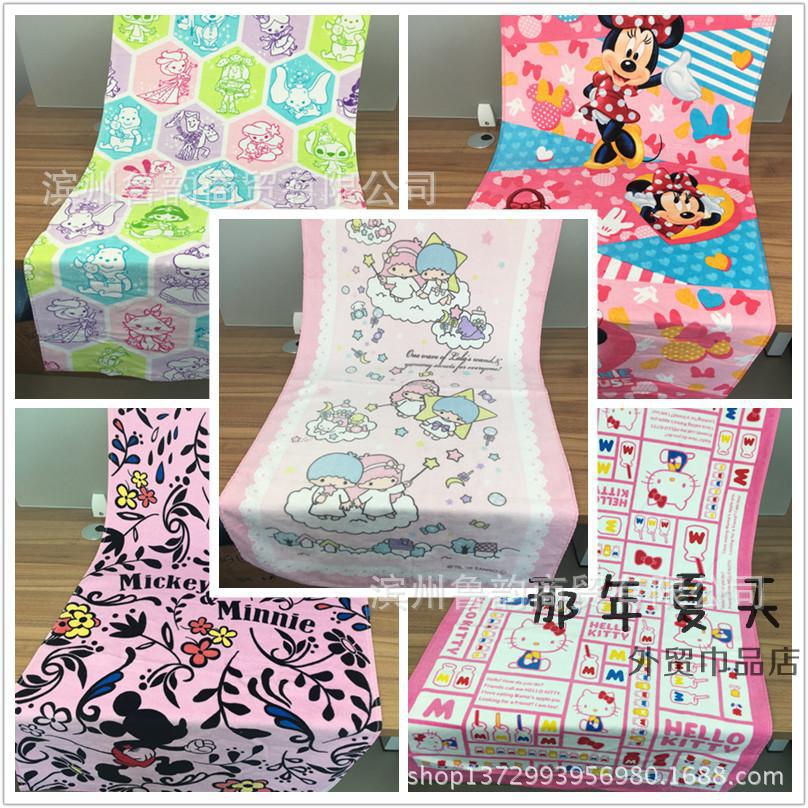 外贸尾单割绒印花卡通女士儿童浴巾KT猫米奇维尼熊双子星