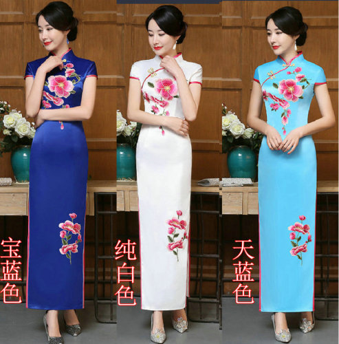 Fuchsia flowers chinese dresses long qipao dress fashion mom old stage shows the party etiquette cheongsam