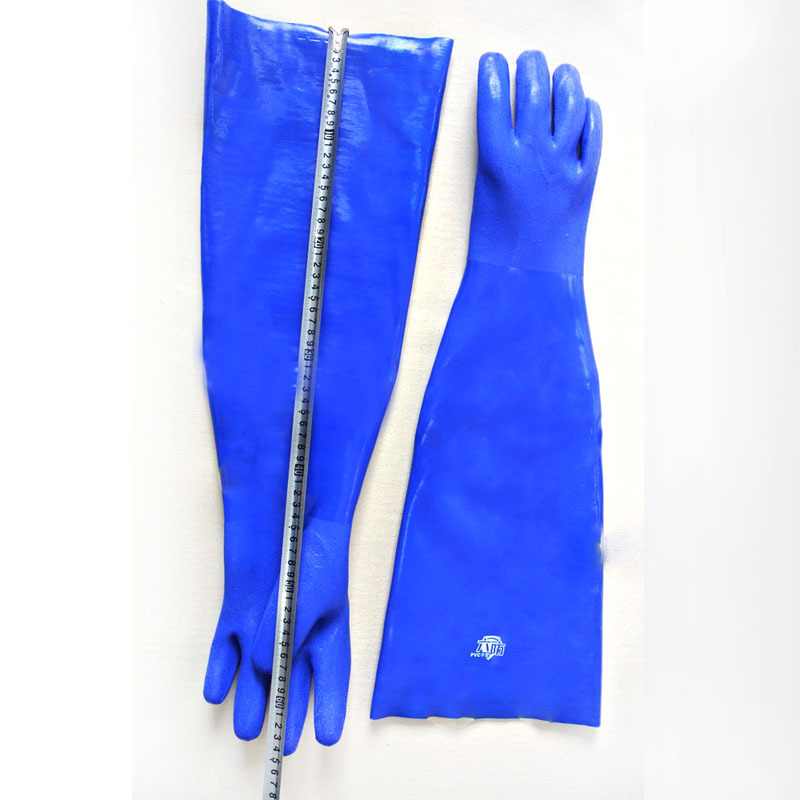 长款防滑手套蓝色PVC磨砂面均码加长65公分手套防油作业手套