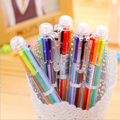 Creative Korean Cartoon Multicolor Transparent 6-Color Round Pen with Push Button, Colorful Personalized Oil-Based Pen Stationery Wholesale