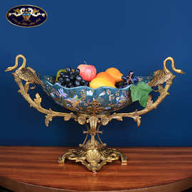 欧式豪宅别墅家居客厅装饰果盘 鹦鹉彩绘陶瓷镶铜水果盆艺术摆件