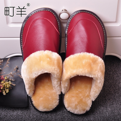2018年冬季新款頭層牛皮加絨男女家居棉拖