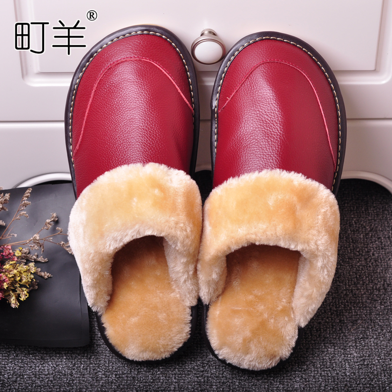 2018年冬季新款頭層牛皮加絨男女家居棉拖