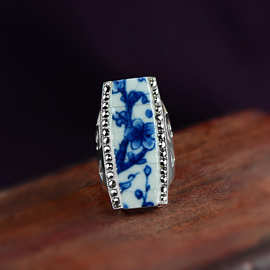 跨境新款s925银青花瓷指环 中国风泰银戒指彩绘花朵原创设计戒指