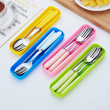 不锈钢三件套餐具 创意糖果色家用学生成人简约可爱便携式叉勺筷