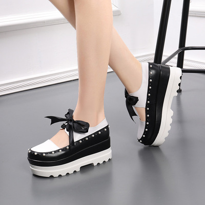 2020春季新款真皮女鞋洛麗塔lolita透氣圓頭厚底增高蝴蝶甜美日系